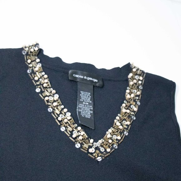 🔥🐰 Cable & Gauge M Black Silk Blend  Sequined Stretch Knit Top sleevel… - Picture 3 of 4